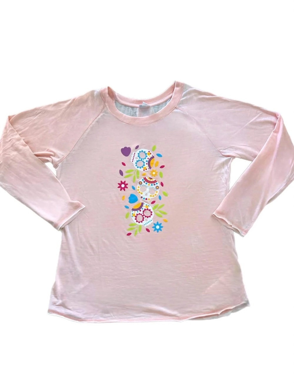 LuLaRoe Julie Light Pink Long-Sleeve Tee with Colorful Floral Graphic